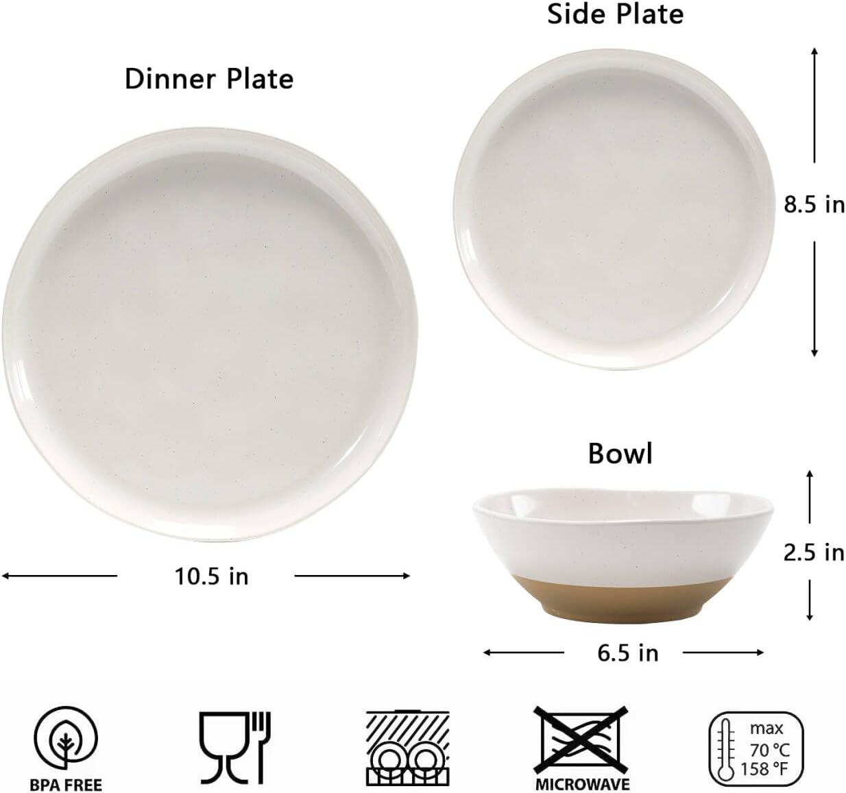 Sets of 12 FINE&NICE Melamine Dinnerware Sets of 12 Pcs, Unbreakable Plates and Bowls Set for 4, Dinner Dishes Set for for Patio, RV and Camping, Dishwasher Safe (White with Brown)